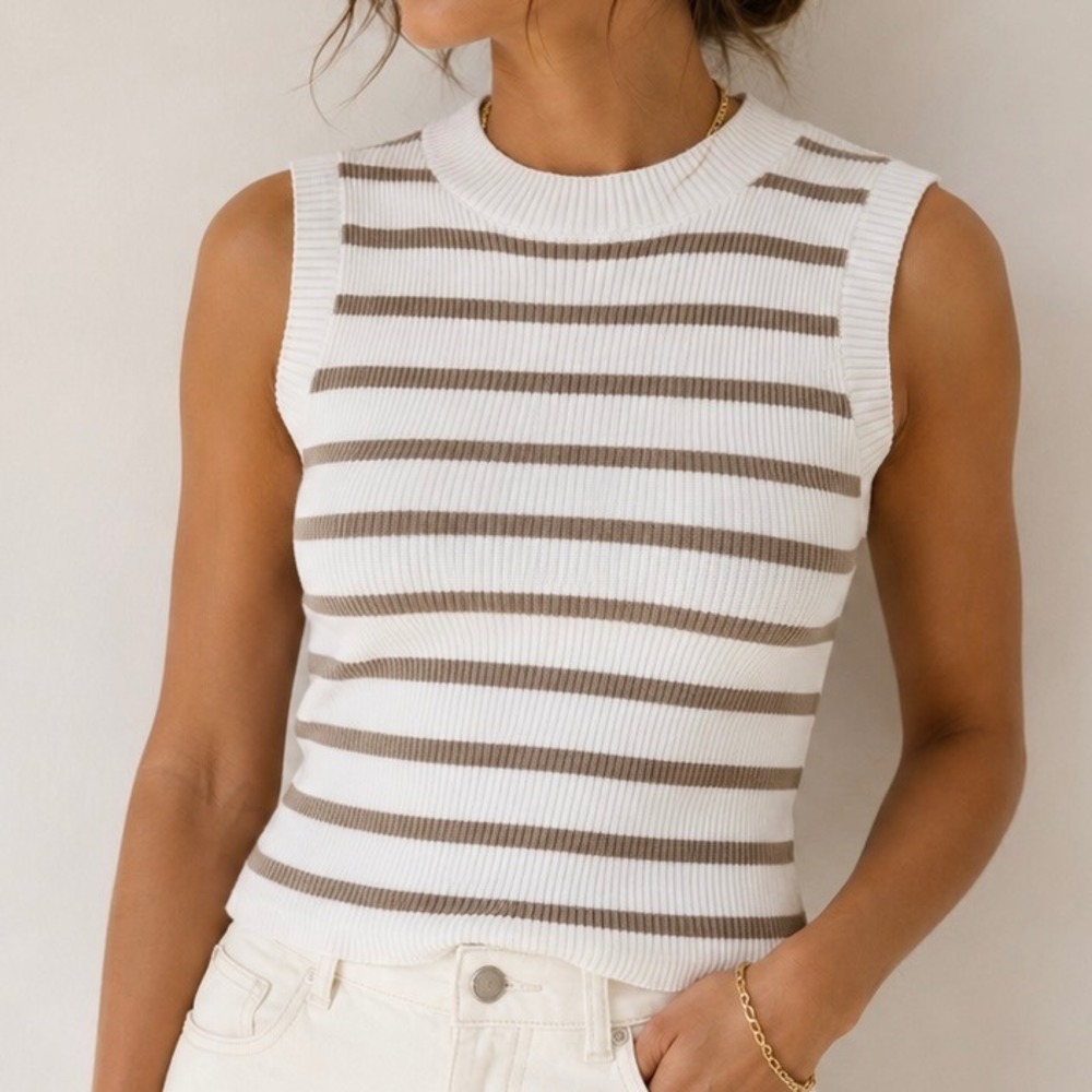 Sincerely Jules Striped Ribbed Sleeveless Sweater Top Ivory Taupe L Preppy Coast
